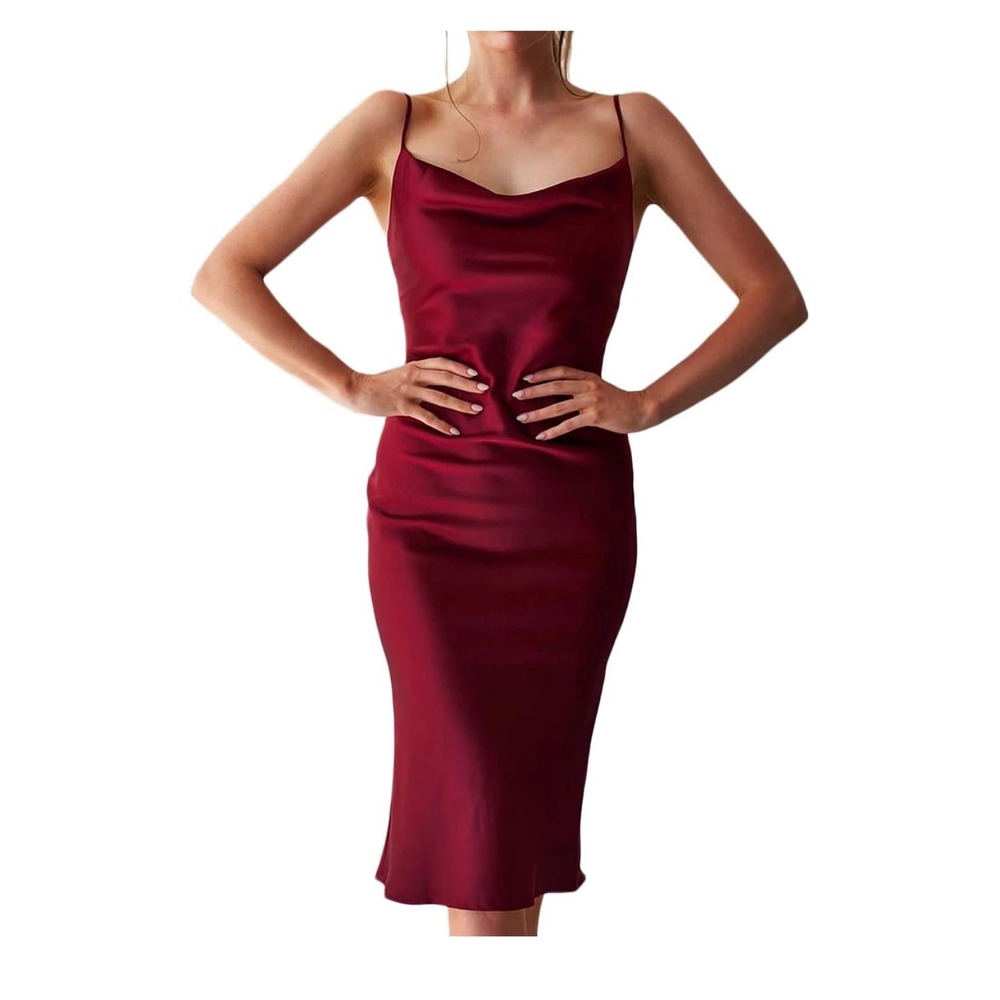 Satin Slip Dress Cowl Neck‎ Sleeveless Midi Dress Party Cocktail Size S